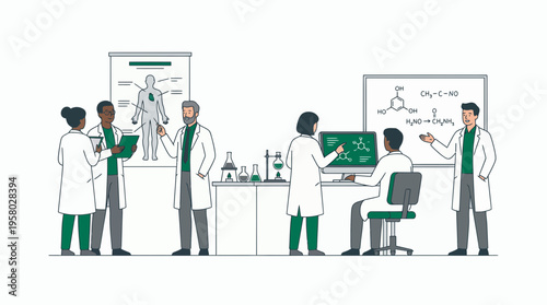 Diverse professional medical researchers working in laboratory with anatomy charts and chemistry equipment, concept for healthcare innovation, scientific education and medical development