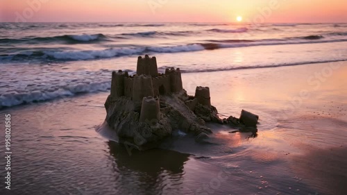 Elaborate sandcastle with multiple towers sits on a wet beach during a soft pink sunset over the ocean
