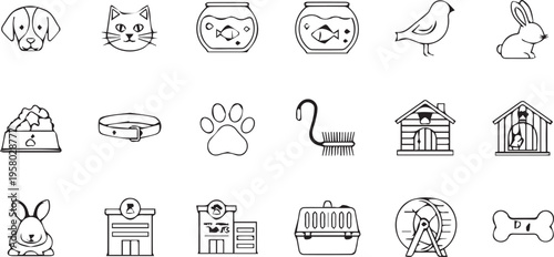 Pet Care and Veterinary Line Icon Set for Animal Clinic and Pet Shop
