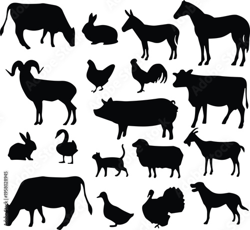 farm animals silhouette set livestock collection rural domestic animals icons cow horse pig sheep goat poultry vector illustration