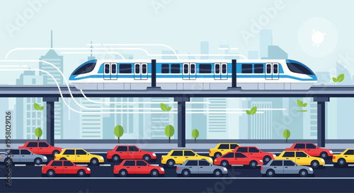 Modern Monorail Train Traveling Above Busy City Traffic.