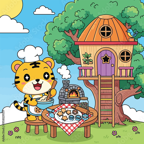 Cute tiger chef baking cookies in a charming kitchen setting.
