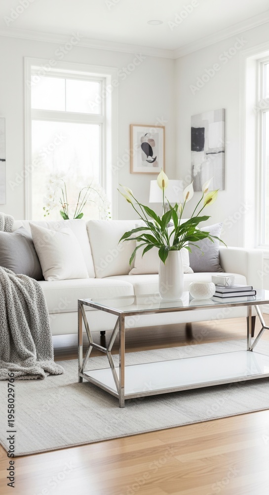 Fototapeta premium Bright And Airy Contemporary Living Room With White Sofa And Green Plant