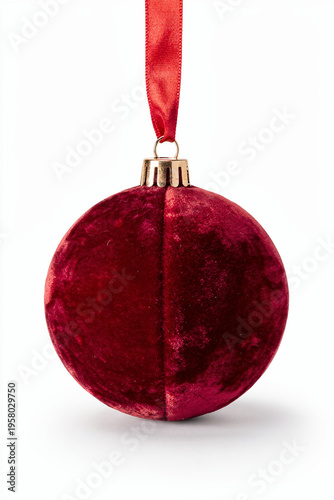 Red Velvet Christmas Ornament Ball with Gold Cap and Ribbon Isolated on White Background