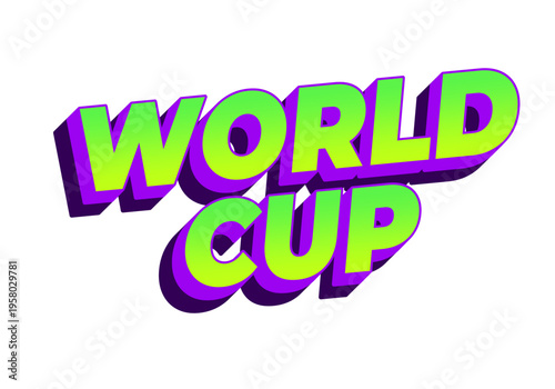 Bold 3d typographic graphic reading WORLD CUP in neon green with purple shadows on white background.