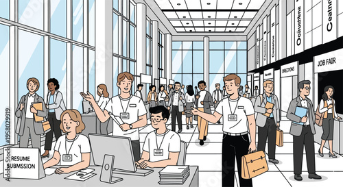 People working at a job fair event registration desk.