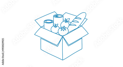 A simple line drawing depicts a cardboard box filled with groceries like bread and tomatoes