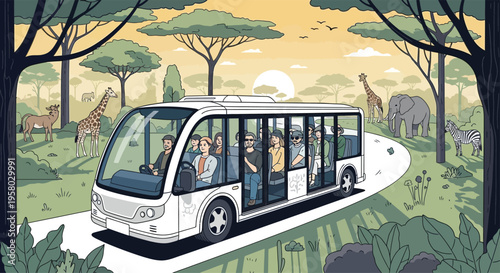 Modern Safari Bus with Tourists Observing Wildlife.