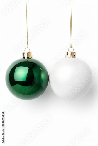 Green and White Christmas Baubles Hanging on String with Matte and Glossy Finish Isolated on White Background