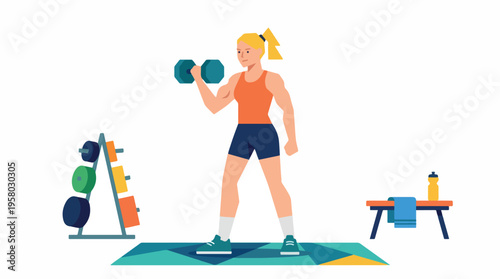 Strong woman lifting dumbbells in a gym setting.