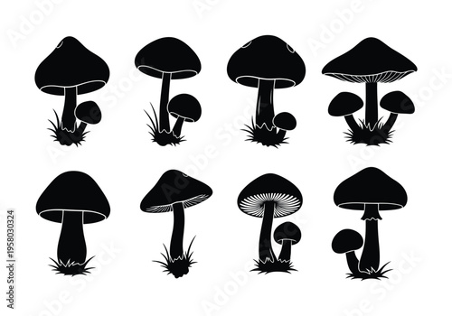 Collection of various mushroom silhouettes in different shapes