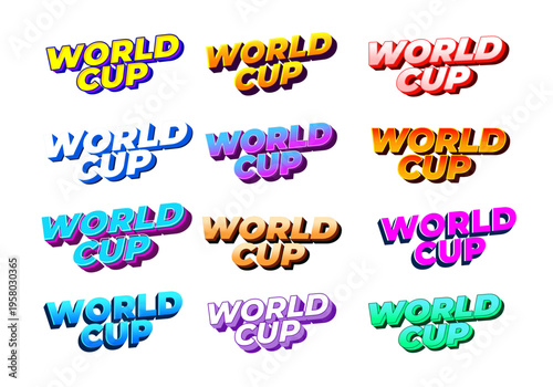 Twelve colorful 3d World Cup text designs in varied styles and color gradients arranged in a 3x4 grid