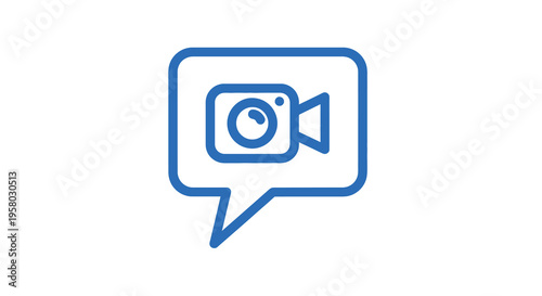 A simple blue icon depicting a video camera inside a speech bubble shape high quality professional