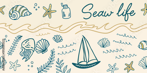 Hand drawn illustration of marine life with shells boats and starfish