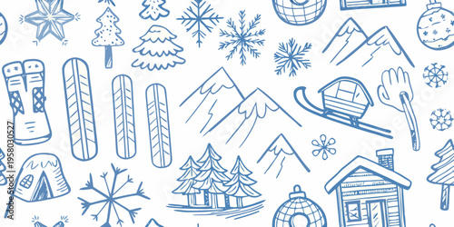 Whimsical winter doodles depict snowy scenes and holiday activities