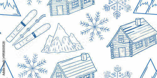 Winter scene featuring cabins skis mountains and delicate snowflakes