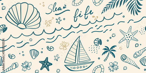 Nautical themed pattern with shells sailboat waves and tropical foliage