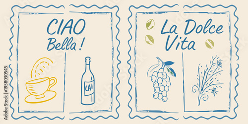 Italian themed postage stamps with coffee wine and fruit illustrations