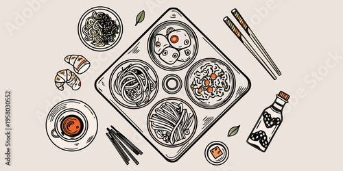 A colorful illustration showcasing various asian food dishes and beverages