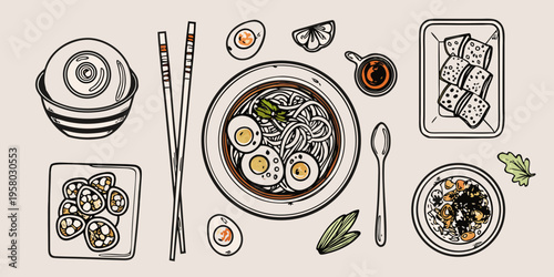 A flat lay illustration of japanese ramen and various side dishes