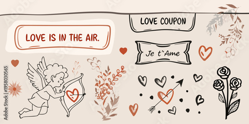 Valentine s day themed doodles including cupid hearts and floral elements