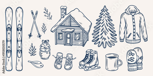 Winter scene featuring skis cabin and cozy clothing elements