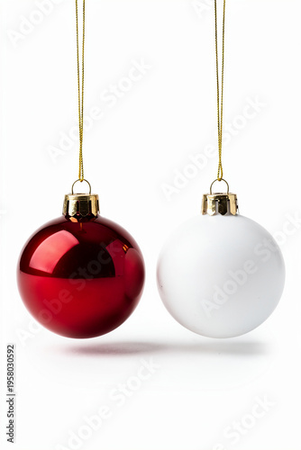 Red and White Christmas Baubles Hanging on String with Gold Caps Isolated on White Background