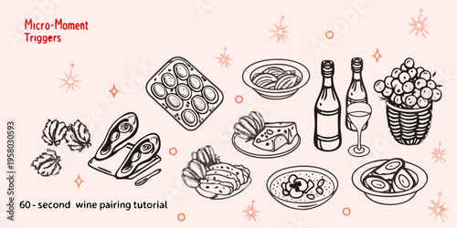 A whimsical illustration of food and drink for wine pairing guidance