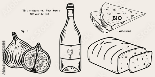 Sketch of a still life featuring food and a wine bottle