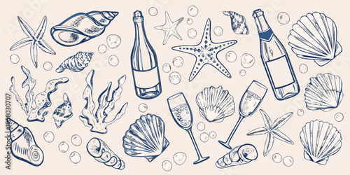 A charming sketch of seashells champagne and marine life elements