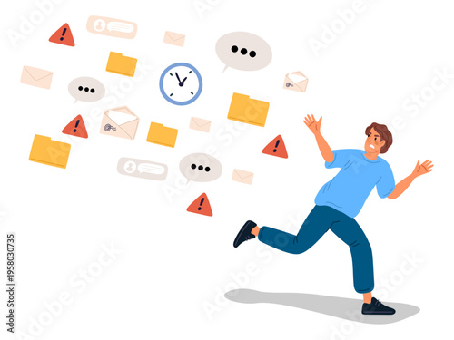 Young man runs away from flood information. Flow of emails and document folders. Escape from spam messages. Work deadlines. Digital hygiene and stress from overload of news. Vector concept