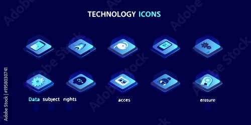 A collection of glowing blue technology icons on a dark background
