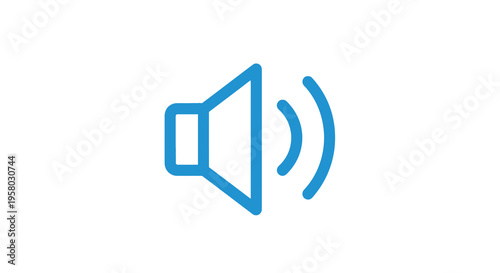 A simple blue line icon depicting a speaker with sound waves emanating outwards high quality professional
