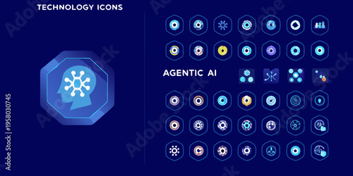 Collection of futuristic technology icons representing artificial intelligence concepts
