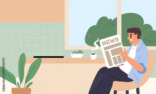 Young man reads morning paper in kitchen while having breakfast and drinking cup of coffee. Happy person sitting at lunch table with newspaper. Periodical newsletter. Vector concept