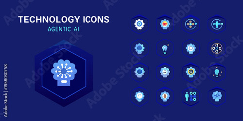 Collection of futuristic technology icons presented on a dark blue background