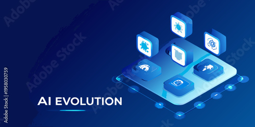 Isometric illustration depicting artificial intelligence evolution and connected technologies