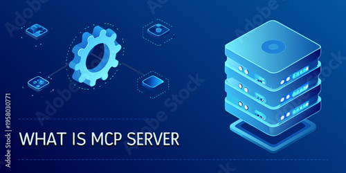 Isometric illustration of server stacks gears and data technology concepts