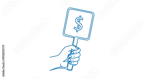A simple line drawing depicts a hand holding a sign with a dollar symbol high quality