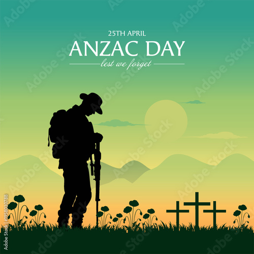 Anzac day background with australian soldier and beauty landscape. Lest we forget. Vector illustration of beauty landscape. Remembrance day symbol.