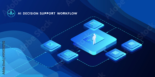 Visual representation of an ai decision support workflow with blue geometric shapes
