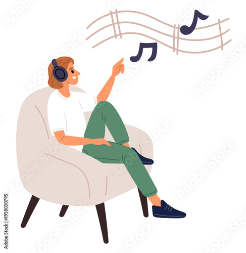 Young man or woman listens to music while sitting at home in comfortable armchair. Person wearing headphones and enjoying of melody. Cozy relax. Soundtrack musical notes. Vector concept