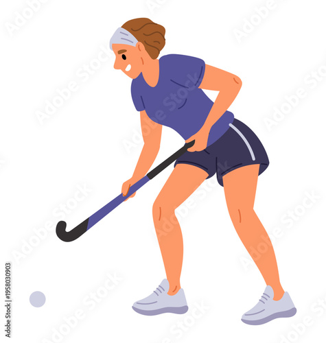 Young female player in sportswear and with field hockey stick. Sport championship. Athlete playing with ball. Woman dynamic pose with hit club. Competitive game match. Vector concept