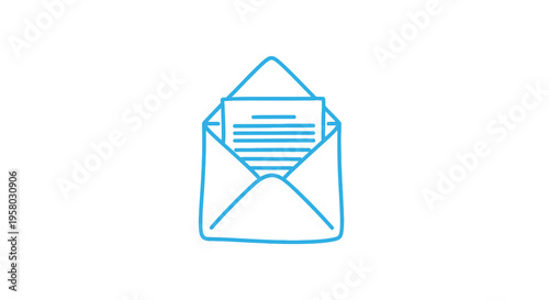 A simple blue line drawing depicts an open envelope with several lined papers inside high quality