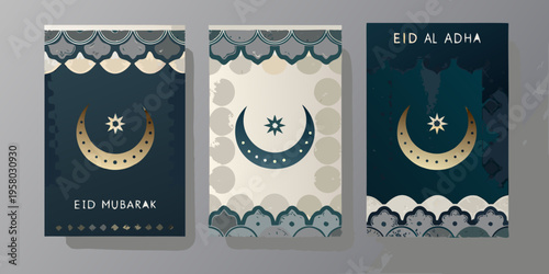 Three eid al adha and eid mubarak greeting card designs