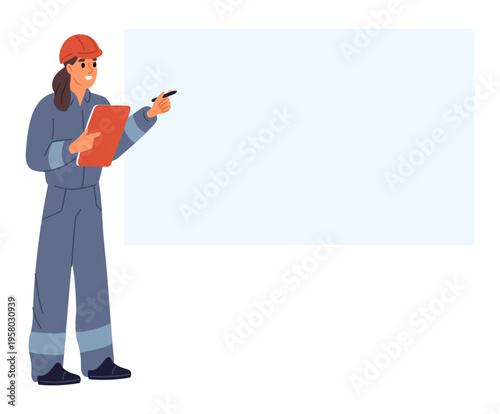 Young female engineer in protective clothing stands in front of clean poster. Announcement placard. Woman in uniform. Builder showing at whiteboard. Project presentation. Vector background