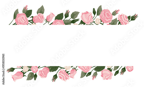 White rectangular border framed at top and bottom with pink bouquets of roses. Wedding decoration. Blooming plants with leaves. Wedding card floral decor. Vector botanical background