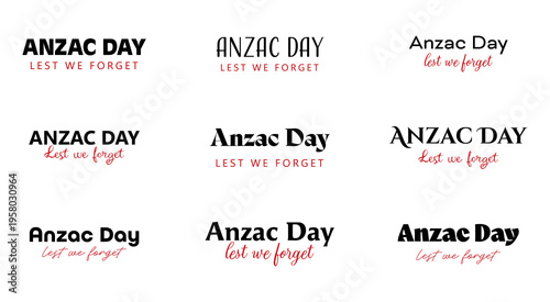 Anzac day typography set with lest we forget text collection and remembrance design bundle. Vector illustration.