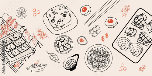 Line art illustration of various japanese and asian food dishes