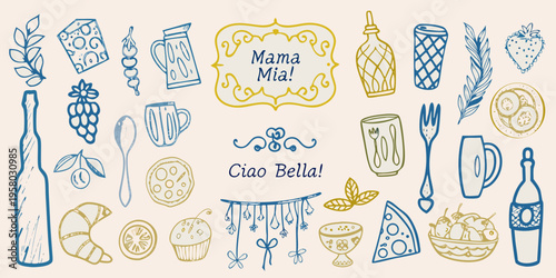 Hand drawn sketch of italian food drink and decorative elements